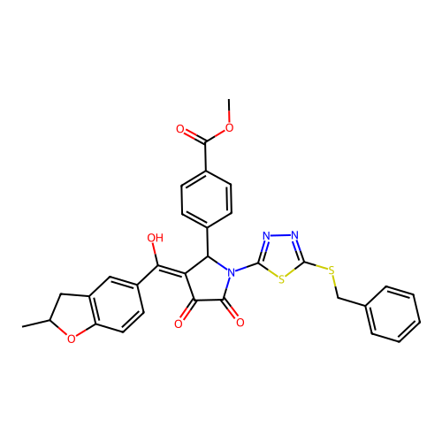 methyl 4-(1-(5-(benzylthio)-1,3,4-thiadiazol-2-yl)-4-hydroxy-3-(2-methyl-2,3-dihydrobenzofuran-5-carbonyl)-5-oxo-2,5-dihydro-1H-pyrrol-2-yl)benzoate structure