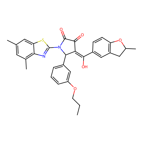 (4E)-1-(4,6-dimethyl-1,3-benzothiazol-2-yl)-4-[hydroxy(2-methyl-2,3-dihydro-1-benzofuran-5-yl)methylidene]-5-(3-propoxyphenyl)pyrrolidine-2,3-dione structure