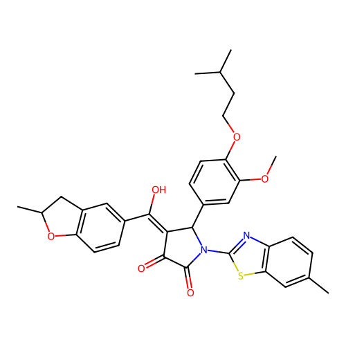 (4E)-4-[hydroxy(2-methyl-2,3-dihydro-1-benzofuran-5-yl)methylidene]-5-[3-methoxy-4-(3-methylbutoxy)phenyl]-1-(6-methyl-1,3-benzothiazol-2-yl)pyrrolidine-2,3-dione structure