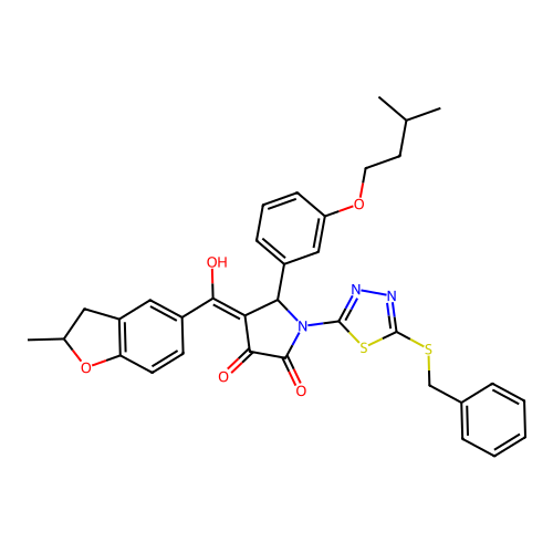 1-(5-(benzylthio)-1,3,4-thiadiazol-2-yl)-3-hydroxy-5-(3-(isopentyloxy)phenyl)-4-(2-methyl-2,3-dihydrobenzofuran-5-carbonyl)-1H-pyrrol-2(5H)-one structure