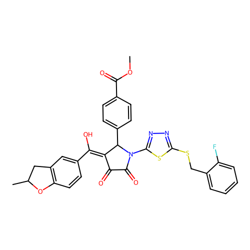methyl 4-(1-(5-((2-fluorobenzyl)thio)-1,3,4-thiadiazol-2-yl)-4-hydroxy-3-(2-methyl-2,3-dihydrobenzofuran-5-carbonyl)-5-oxo-2,5-dihydro-1H-pyrrol-2-yl)benzoate structure