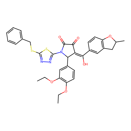 1-(5-(benzylthio)-1,3,4-thiadiazol-2-yl)-5-(3,4-diethoxyphenyl)-3-hydroxy-4-(2-methyl-2,3-dihydrobenzofuran-5-carbonyl)-1H-pyrrol-2(5H)-one structure