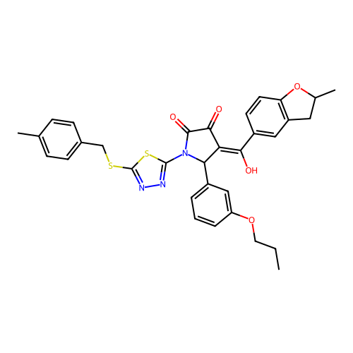 3-hydroxy-4-(2-methyl-2,3-dihydrobenzofuran-5-carbonyl)-1-(5-((4-methylbenzyl)thio)-1,3,4-thiadiazol-2-yl)-5-(3-propoxyphenyl)-1H-pyrrol-2(5H)-one structure