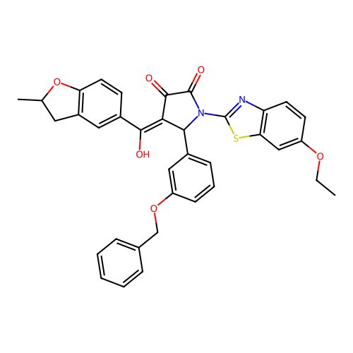(4E)-1-(6-ethoxy-1,3-benzothiazol-2-yl)-4-[hydroxy-(2-methyl-2,3-dihydro-1-benzofuran-5-yl)methylidene]-5-(3-phenylmethoxyphenyl)pyrrolidine-2,3-dione structure