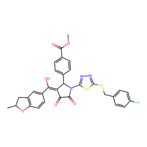 methyl 4-(1-(5-((4-fluorobenzyl)thio)-1,3,4-thiadiazol-2-yl)-4-hydroxy-3-(2-methyl-2,3-dihydrobenzofuran-5-carbonyl)-5-oxo-2,5-dihydro-1H-pyrrol-2-yl)benzoate structure