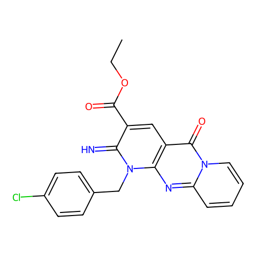 1-[(4-chlorophenyl)methyl]-2-imino-5-oxo-3-dipyrido[1,2-d:3'',4''-f]pyrimidinecarboxylic acid ethyl ester structure