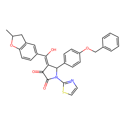 (4E)-4-[hydroxy-(2-methyl-2,3-dihydro-1-benzofuran-5-yl)methylidene]-5-(4-phenylmethoxyphenyl)-1-(1,3-thiazol-2-yl)pyrrolidine-2,3-dione structure