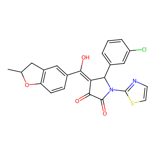 (4E)-5-(3-chlorophenyl)-4-[hydroxy(2-methyl-2,3-dihydro-1-benzofuran-5-yl)methylidene]-1-(1,3-thiazol-2-yl)pyrrolidine-2,3-dione structure