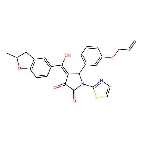 (4E)-4-[hydroxy(2-methyl-2,3-dihydro-1-benzofuran-5-yl)methylidene]-5-[3-(prop-2-en-1-yloxy)phenyl]-1-(1,3-thiazol-2-yl)pyrrolidine-2,3-dione structure