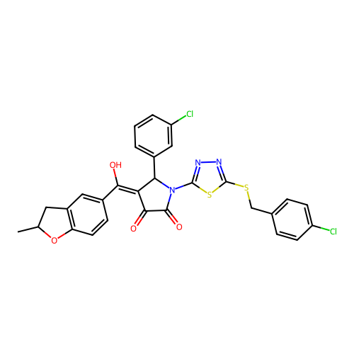 (4E)-1-{5-[(4-chlorobenzyl)sulfanyl]-1,3,4-thiadiazol-2-yl}-5-(3-chlorophenyl)-4-[hydroxy(2-methyl-2,3-dihydro-1-benzofuran-5-yl)methylidene]pyrrolidine-2,3-dione structure