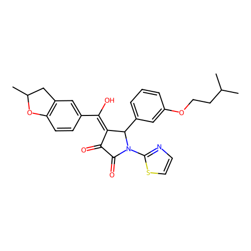(4E)-4-[hydroxy(2-methyl-2,3-dihydro-1-benzofuran-5-yl)methylidene]-5-[3-(3-methylbutoxy)phenyl]-1-(1,3-thiazol-2-yl)pyrrolidine-2,3-dione structure