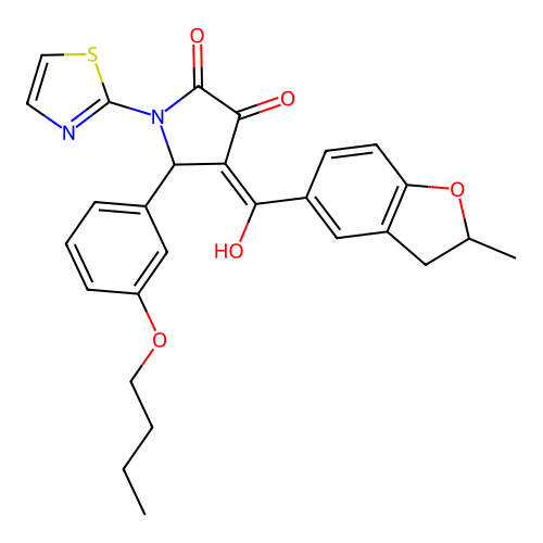 (4E)-5-(3-butoxyphenyl)-4-[hydroxy(2-methyl-2,3-dihydro-1-benzofuran-5-yl)methylidene]-1-(1,3-thiazol-2-yl)pyrrolidine-2,3-dione structure