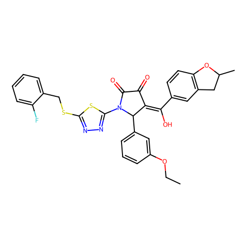 (4E)-5-(3-ethoxyphenyl)-1-[5-[(2-fluorophenyl)methylsulfanyl]-1,3,4-thiadiazol-2-yl]-4-[hydroxy-(2-methyl-2,3-dihydro-1-benzofuran-5-yl)methylidene]pyrrolidine-2,3-dione structure