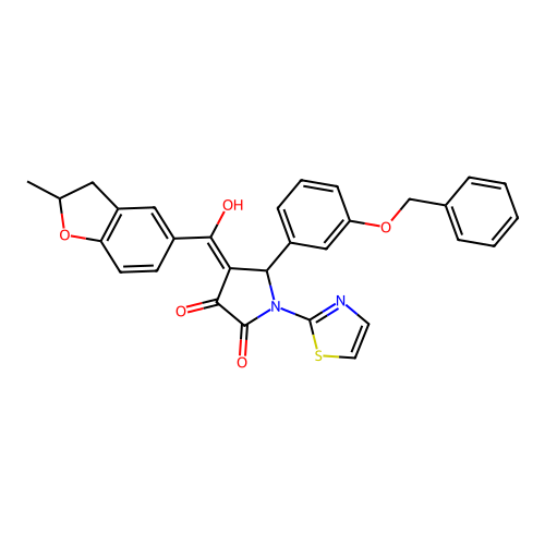 (4E)-4-[hydroxy-(2-methyl-2,3-dihydro-1-benzofuran-5-yl)methylidene]-5-(3-phenylmethoxyphenyl)-1-(1,3-thiazol-2-yl)pyrrolidine-2,3-dione structure