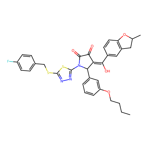 (4E)-5-(3-butoxyphenyl)-1-[5-[(4-fluorophenyl)methylsulfanyl]-1,3,4-thiadiazol-2-yl]-4-[hydroxy-(2-methyl-2,3-dihydro-1-benzofuran-5-yl)methylidene]pyrrolidine-2,3-dione structure