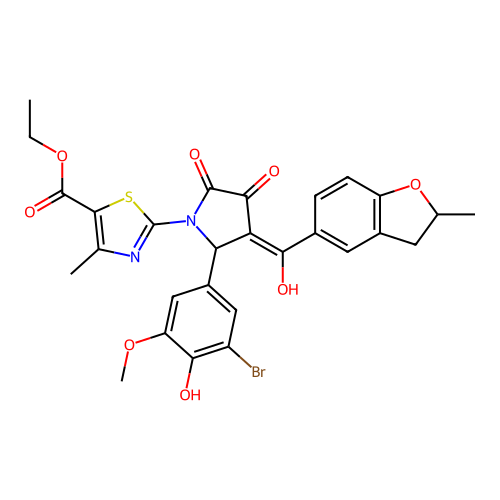 ethyl 2-(2-(3-bromo-4-hydroxy-5-methoxyphenyl)-4-hydroxy-3-(2-methyl-2,3-dihydrobenzofuran-5-carbonyl)-5-oxo-2,5-dihydro-1H-pyrrol-1-yl)-4-methylthiazole-5-carboxylate structure