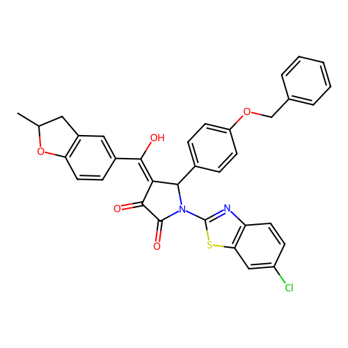 (4E)-1-(6-chloro-1,3-benzothiazol-2-yl)-4-[hydroxy-(2-methyl-2,3-dihydro-1-benzofuran-5-yl)methylidene]-5-(4-phenylmethoxyphenyl)pyrrolidine-2,3-dione structure