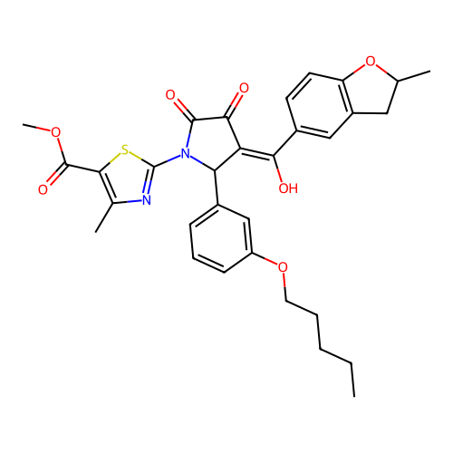 methyl 2-(3-hydroxy-4-(2-methyl-2,3-dihydrobenzofuran-5-carbonyl)-2-oxo-5-(3-(pentyloxy)phenyl)-2,5-dihydro-1H-pyrrol-1-yl)-4-methylthiazole-5-carboxylate structure