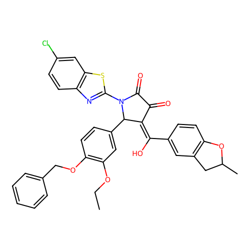 (4E)-1-(6-chloro-1,3-benzothiazol-2-yl)-5-(3-ethoxy-4-phenylmethoxyphenyl)-4-[hydroxy-(2-methyl-2,3-dihydro-1-benzofuran-5-yl)methylidene]pyrrolidine-2,3-dione structure