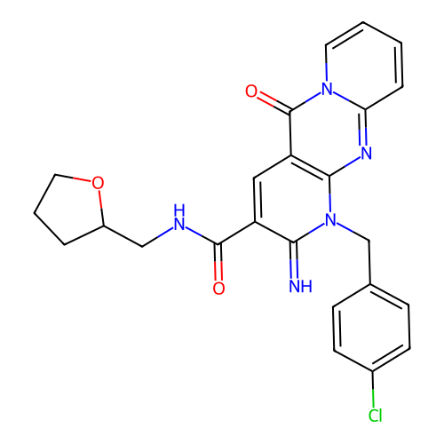 7-[(4-chlorophenyl)methyl]-6-imino-2-oxo-N-[(oxolan-2-yl)methyl]-1,7,9-triazatricyclo[8.4.0.0^{3,8}]tetradeca-3(8),4,9,11,13-pentaene-5-carboxamide structure