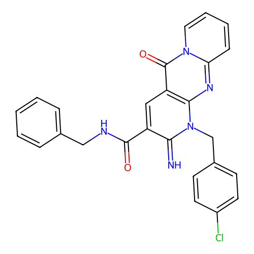 N-benzyl-1-(4-chlorobenzyl)-2-imino-5-oxo-1,5-dihydro-2H-dipyrido[1,2-a:2',3'-d]pyrimidine-3-carboxamide structure