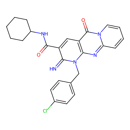 1-(4-chlorobenzyl)-N-cyclohexyl-2-imino-5-oxo-1,5-dihydro-2H-dipyrido[1,2-a:2',3'-d]pyrimidine-3-carboxamide structure