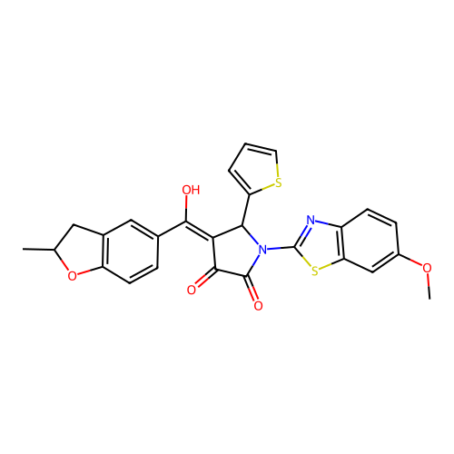(4E)-4-[hydroxy(2-methyl-2,3-dihydro-1-benzofuran-5-yl)methylidene]-1-(6-methoxy-1,3-benzothiazol-2-yl)-5-(thiophen-2-yl)pyrrolidine-2,3-dione structure