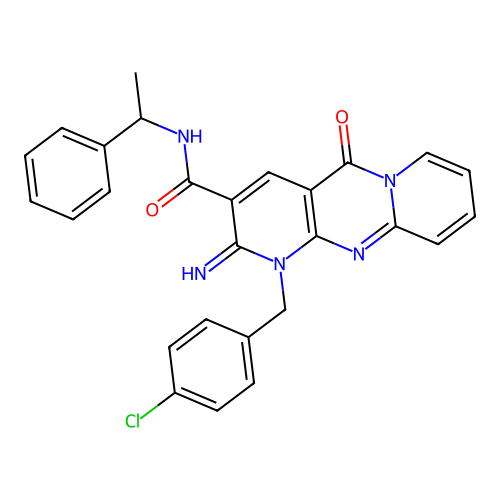 1-(4-chlorobenzyl)-2-imino-5-oxo-N-(1-phenylethyl)-1,5-dihydro-2H-dipyrido[1,2-a:2',3'-d]pyrimidine-3-carboxamide structure