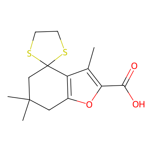 Spiro[benzofuran-4(5H),2'-[1,3]dithiolane]-2-carboxylic acid, 6,7-dihydro-3,6,6-trimethyl- structure