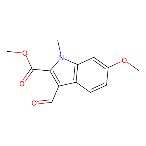 1H-indole-2-carboxylic acid, 3-formyl-6-methoxy-1-methyl-, methyl ester structure