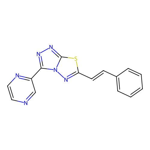6-[(E)-2-phenylethenyl]-3-(pyrazin-2-yl)[1,2,4]triazolo[3,4-b][1,3,4]thiadiazole structure