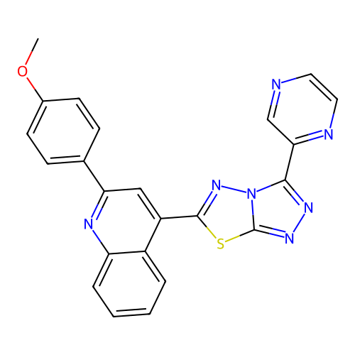 6-[2-(4-methoxyphenyl)quinolin-4-yl]-3-pyrazin-2-yl-[1,2,4]triazolo[3,4-b][1,3,4]thiadiazole structure