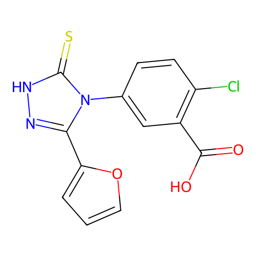 2-chloro-5-(3-(furan-2-yl)-5-mercapto-4H-1,2,4-triazol-4-yl)benzoic acid structure