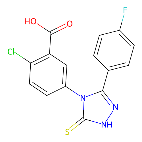 2-chloro-5-(3-(4-fluorophenyl)-5-mercapto-4H-1,2,4-triazol-4-yl)benzoic acid structure