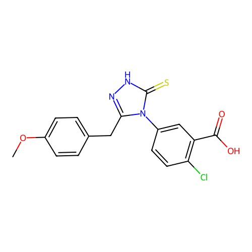 2-chloro-5-(3-mercapto-5-(4-methoxybenzyl)-4H-1,2,4-triazol-4-yl)benzoic acid structure