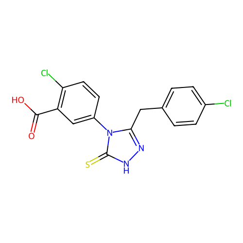 2-chloro-5-(3-(4-chlorobenzyl)-5-mercapto-4H-1,2,4-triazol-4-yl)benzoic acid structure