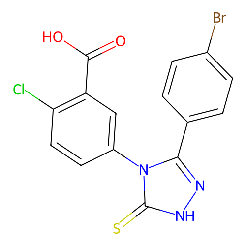 5-(3-(4-bromophenyl)-5-mercapto-4H-1,2,4-triazol-4-yl)-2-chlorobenzoic acid structure