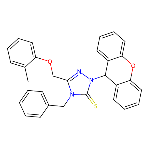 4-benzyl-5-[(2-methylphenoxy)methyl]-2-(9H-xanthen-9-yl)-1,2,4-triazole-3-thione structure