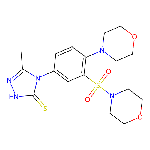 5-methyl-4-[4-morpholin-4-yl-3-(morpholin-4-ylsulfonyl)phenyl]-4H-1,2,4-triazole-3-thiol structure