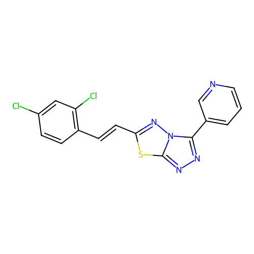 (E)-6-(2,4-dichlorostyryl)-3-(pyridin-3-yl)-[1,2,4]triazolo[3,4-b][1,3,4]thiadiazole structure