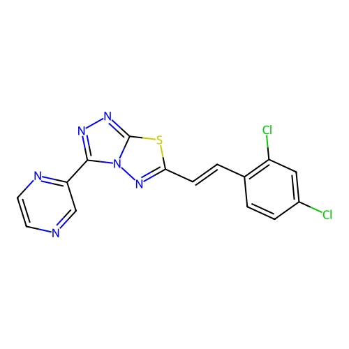 (E)-6-(2,4-dichlorostyryl)-3-(pyrazin-2-yl)-[1,2,4]triazolo[3,4-b][1,3,4]thiadiazole structure