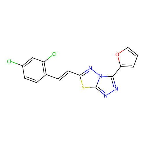 (E)-6-(2,4-dichlorostyryl)-3-(furan-2-yl)-[1,2,4]triazolo[3,4-b][1,3,4]thiadiazole structure