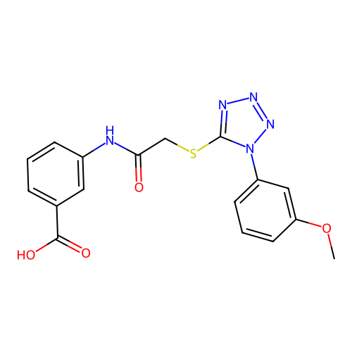 3-(2-((1-(3-methoxyphenyl)-1H-tetrazol-5-yl)thio)acetamido)benzoic acid structure