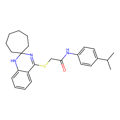 N-[4-(propan-2-yl)phenyl]-2-{1'H-spiro[cycloheptane-1,2'-quinazoline]sulfanyl}acetamide structure