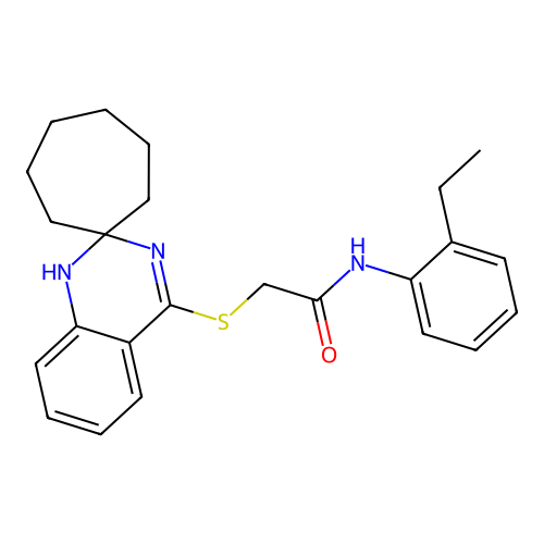 N-(2-ethylphenyl)-2-{1'H-spiro[cycloheptane-1,2'-quinazoline]sulfanyl}acetamide structure