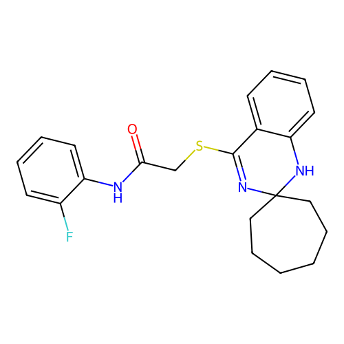 N-(2-fluorophenyl)-2-{1'H-spiro[cycloheptane-1,2'-quinazoline]sulfanyl}acetamide structure