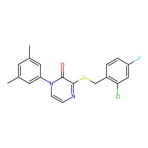 3-[(2-Chloro-4-fluorophenyl)methylsulfanyl]-1-(3,5-dimethylphenyl)pyrazin-2-one structure