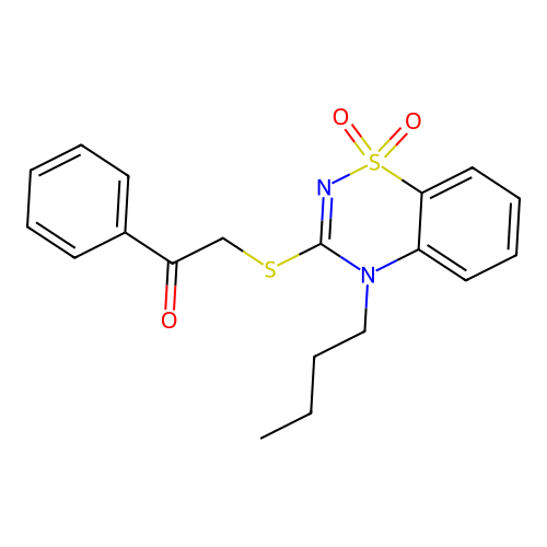 2-((4-butyl-1,1-dioxido-4H-benzo[e][1,2,4]thiadiazin-3-yl)thio)-1-phenylethanone structure