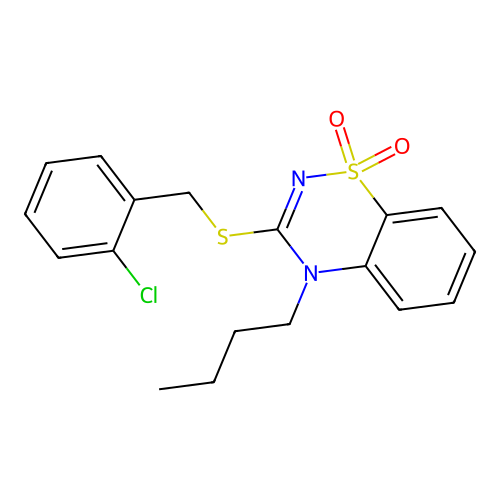 4-butyl-3-((2-chlorobenzyl)thio)-4H-benzo[e][1,2,4]thiadiazine 1,1-dioxide structure