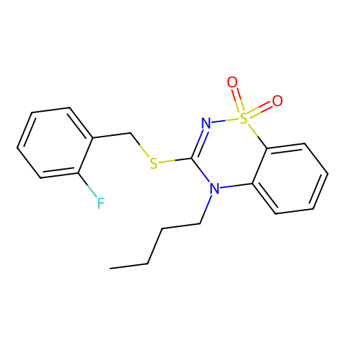 4-butyl-3-((2-fluorobenzyl)thio)-4H-benzo[e][1,2,4]thiadiazine 1,1-dioxide structure